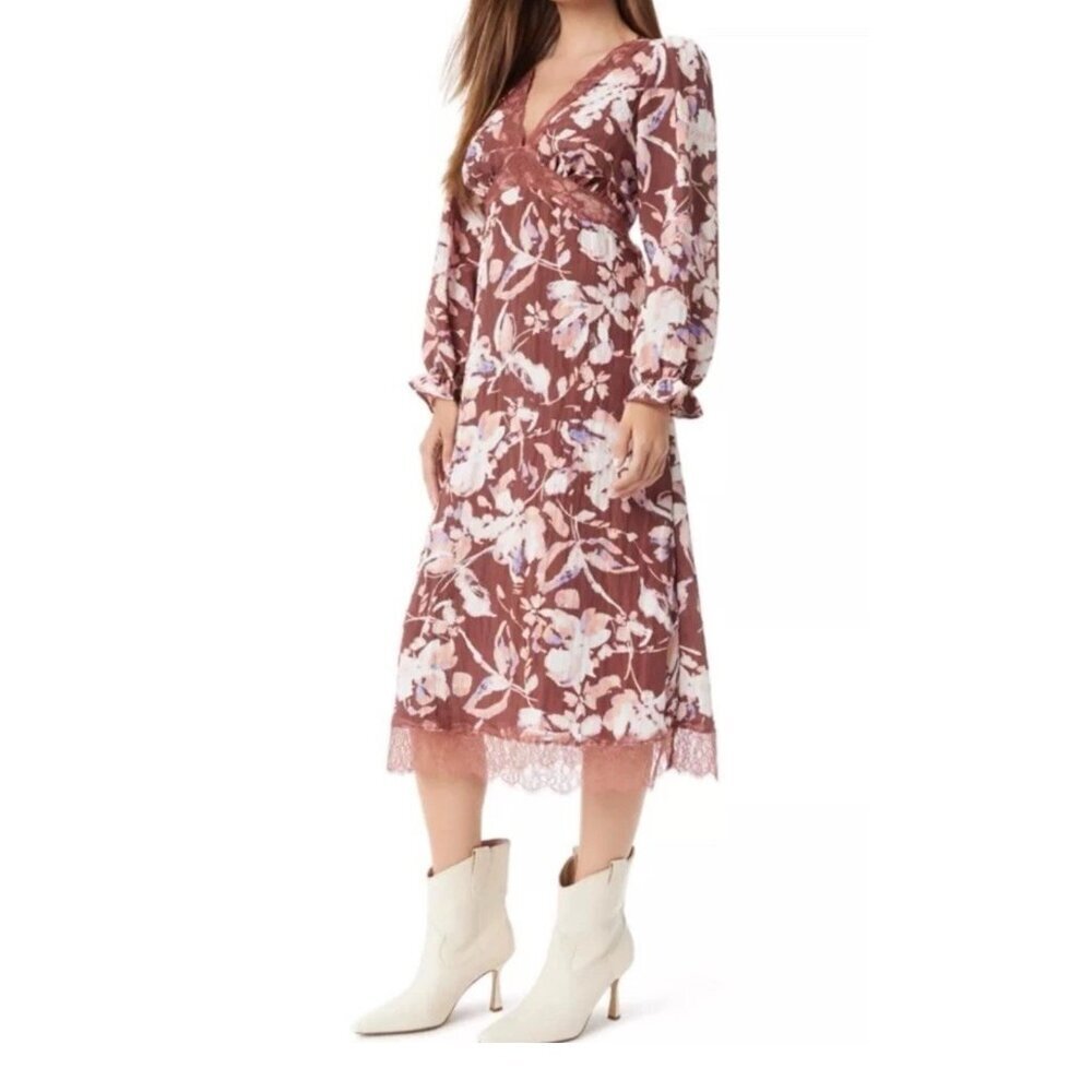Sam Edelman Camila Dress Brown Floral Lace Trim 3/4 Sleeve Midi Size XL NWT